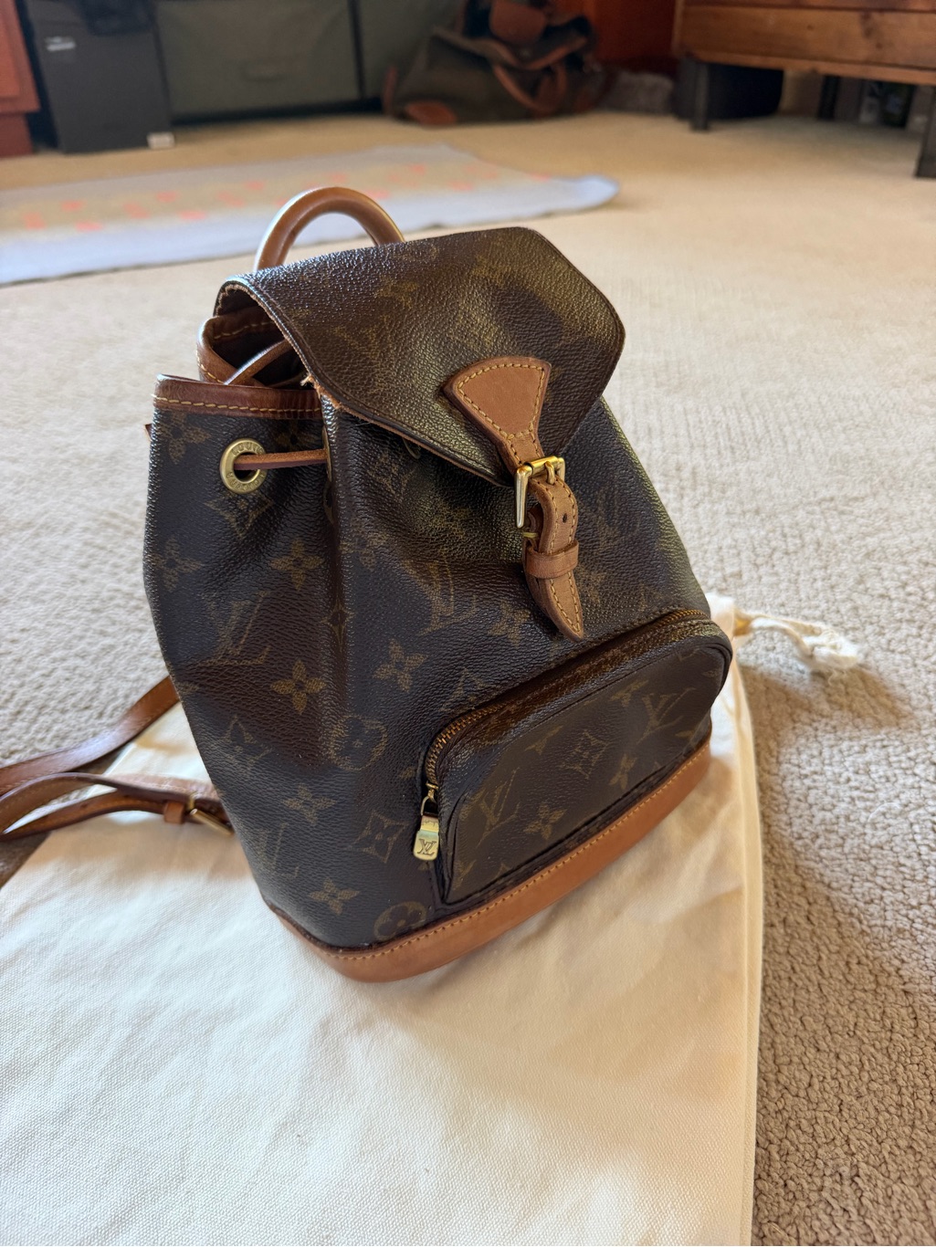 Authentic Vintage Louis Vuitton Dark Brown Monogram Mini Backpack With Tan Trim